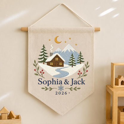 Personalized Winter Cabin Canvas Pennant Banner, Custom Name Embroidered Snow Mountain Couple Wall Hanging Sign, Christmas Gift