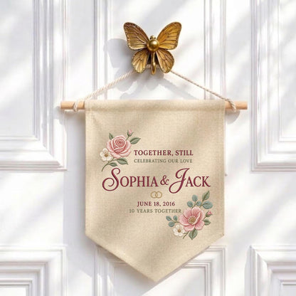 Personalized 10th Anniversary Canvas Pennant Banner, Custom Name Embroidered Floral 10 Years Together Wall Hanging Sign, Couple Gift