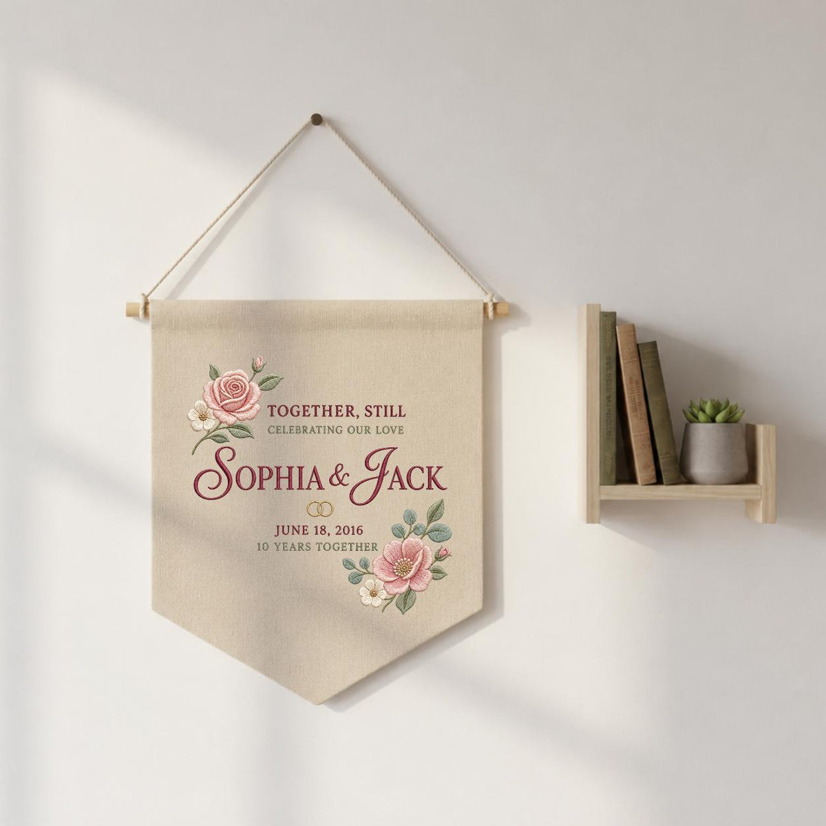 Personalized 10th Anniversary Canvas Pennant Banner, Custom Name Embroidered Floral 10 Years Together Wall Hanging Sign, Couple Gift