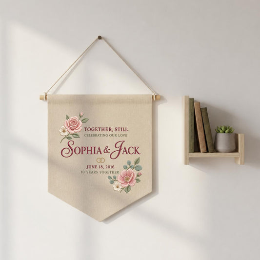 Personalized 10th Anniversary Canvas Pennant Banner, Custom Name Embroidered Floral 10 Years Together Wall Hanging Sign, Couple Gift