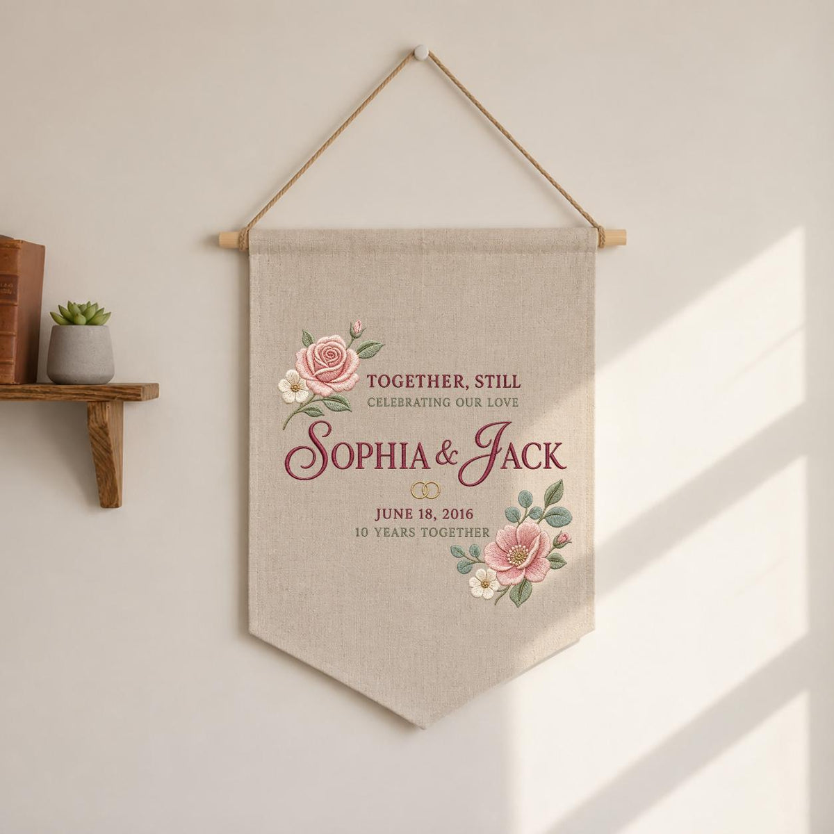 Personalized 10th Anniversary Canvas Pennant Banner, Custom Name Embroidered Floral 10 Years Together Wall Hanging Sign, Couple Gift