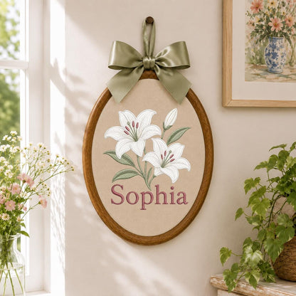Custom Name White Lilies Embroidered Oval Hoop Decor, Botanical Flower Baby Nursery Est 2026 Wall Hanging Sign, New Baby Gift