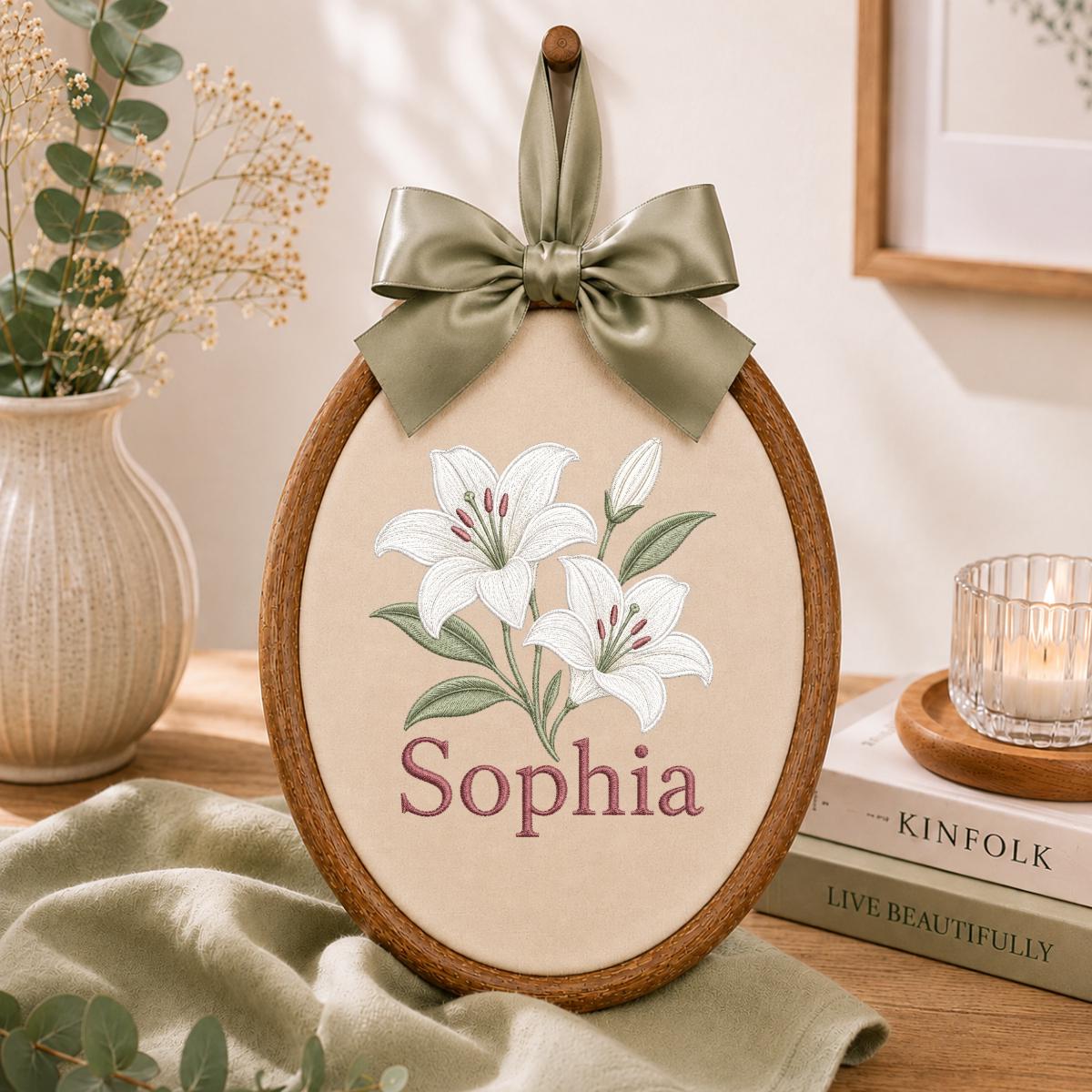 Custom Name White Lilies Embroidered Oval Hoop Decor, Botanical Flower Baby Nursery Est 2026 Wall Hanging Sign, New Baby Gift