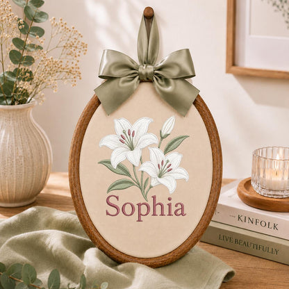 Custom Name White Lilies Embroidered Oval Hoop Decor, Botanical Flower Baby Nursery Est 2026 Wall Hanging Sign, New Baby Gift