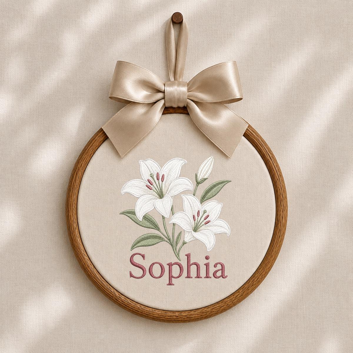 Custom Name White Lilies Embroidered Oval Hoop Decor, Botanical Flower Baby Nursery Est 2026 Wall Hanging Sign, New Baby Gift