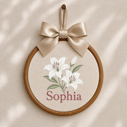 Custom Name White Lilies Embroidered Oval Hoop Decor, Botanical Flower Baby Nursery Est 2026 Wall Hanging Sign, New Baby Gift