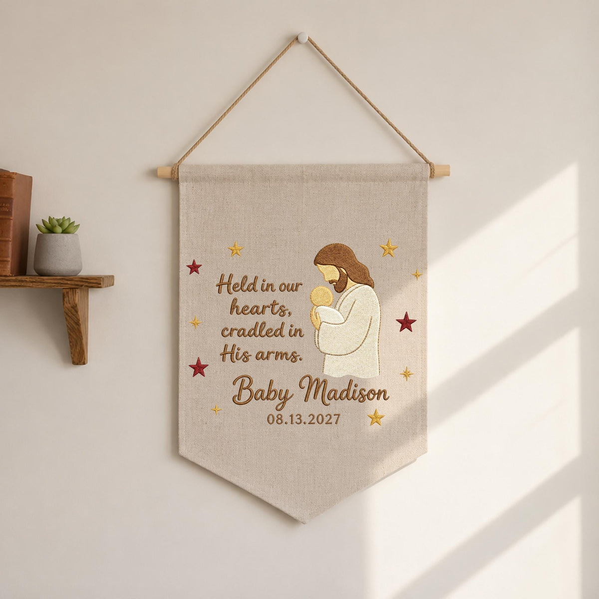 Personalized Embroidered Baby Memorial Wall Hanging Banner, Christian Infant Loss Gift, Jesus Holding Baby Keepsake, Sympathy Nursery Decor