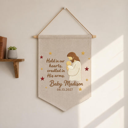 Personalized Embroidered Baby Memorial Wall Hanging Banner, Christian Infant Loss Gift, Jesus Holding Baby Keepsake, Sympathy Nursery Decor