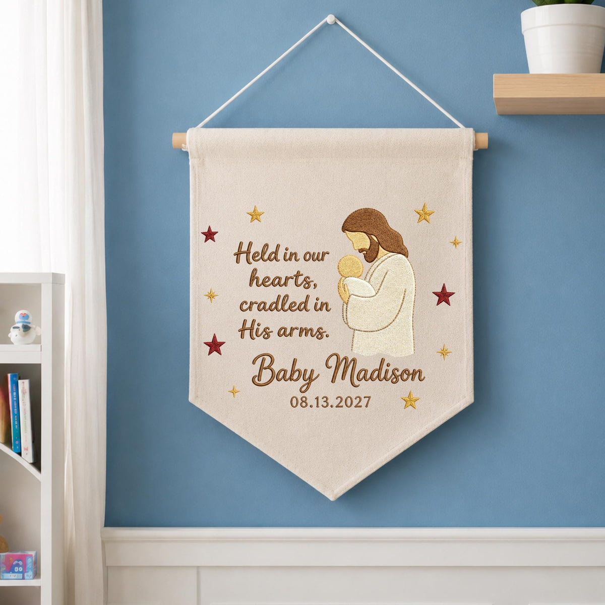 Personalized Embroidered Baby Memorial Wall Hanging Banner, Christian Infant Loss Gift, Jesus Holding Baby Keepsake, Sympathy Nursery Decor