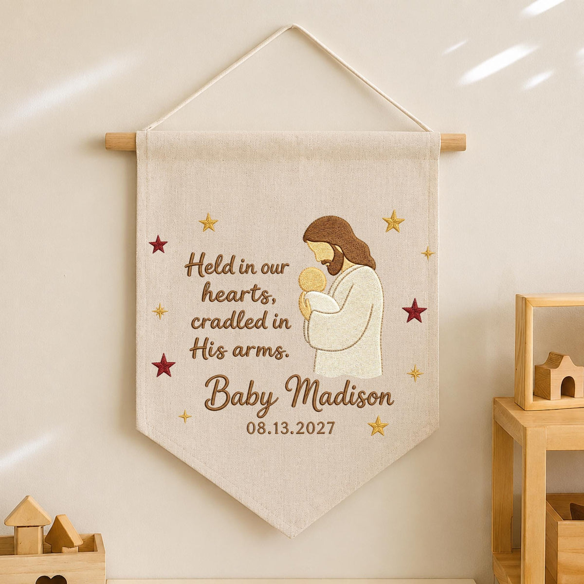 Personalized Embroidered Baby Memorial Wall Hanging Banner, Christian Infant Loss Gift, Jesus Holding Baby Keepsake, Sympathy Nursery Decor