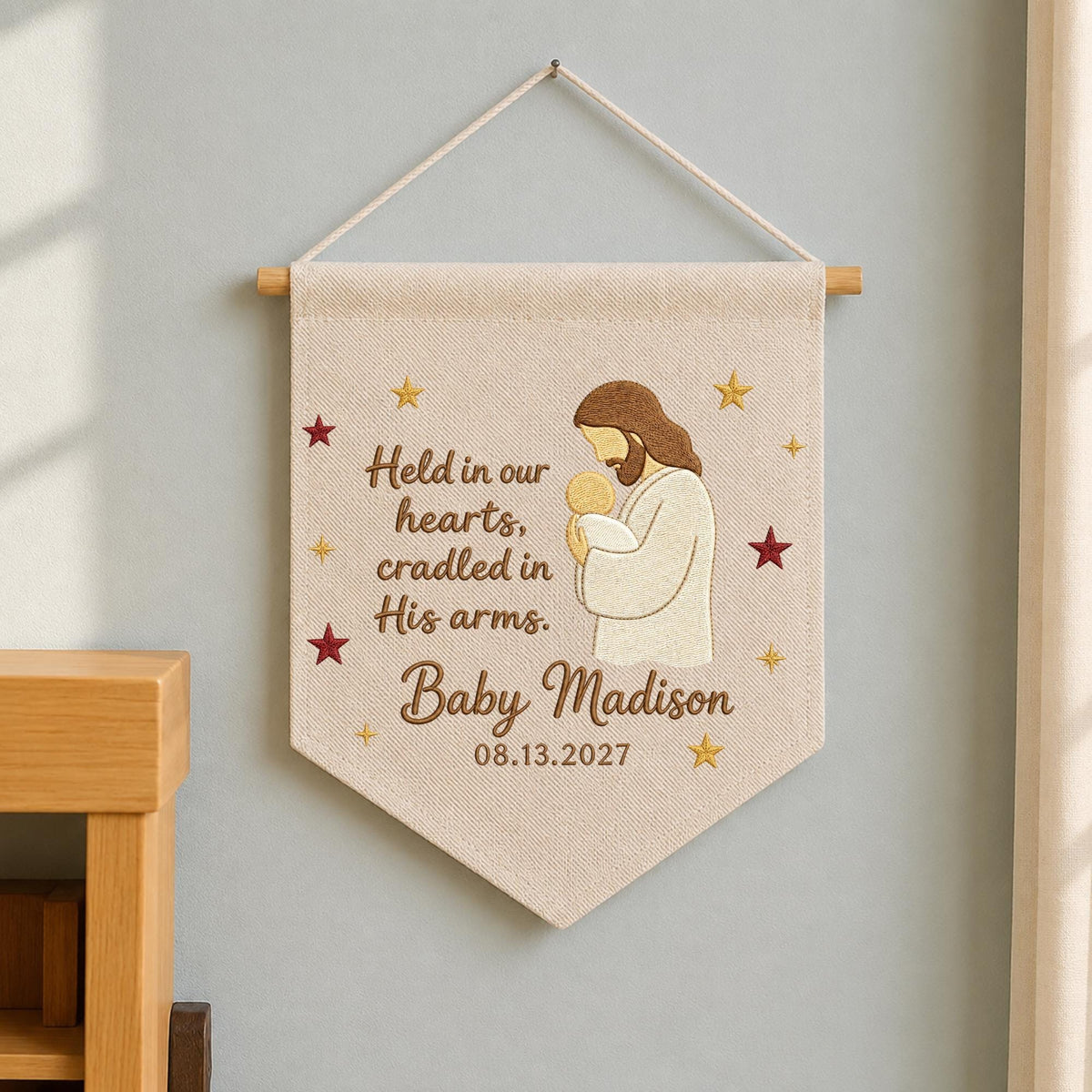 Personalized Embroidered Baby Memorial Wall Hanging Banner, Christian Infant Loss Gift, Jesus Holding Baby Keepsake, Sympathy Nursery Decor
