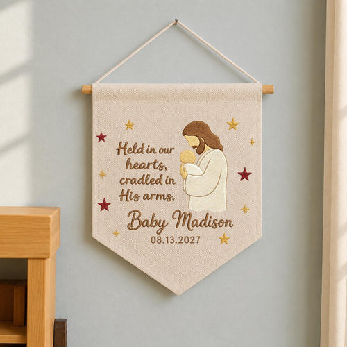 Personalized Embroidered Baby Memorial Wall Hanging Banner, Christian Infant Loss Gift, Jesus Holding Baby Keepsake, Sympathy Nursery Decor