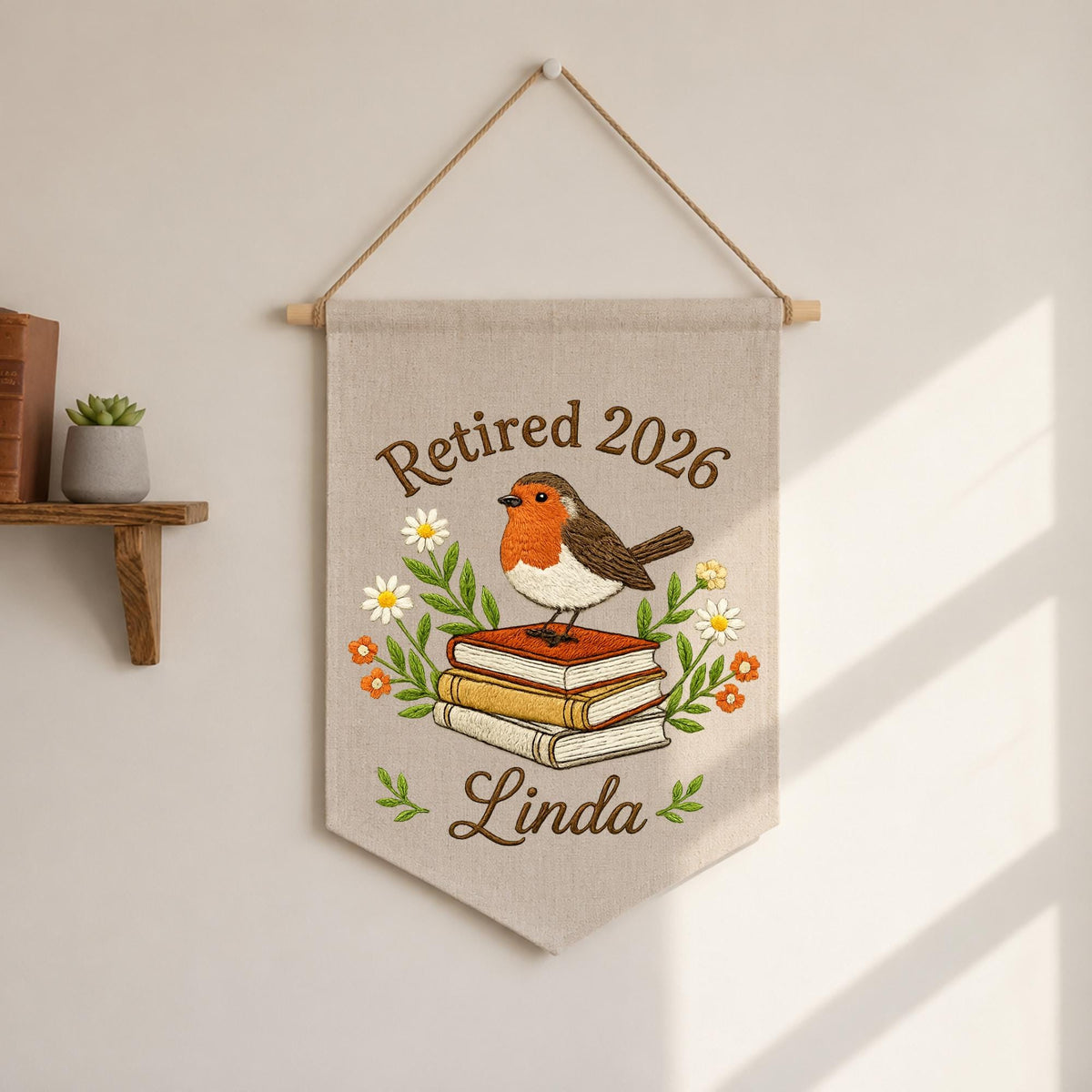 Personalized Embroidered Retirement Wall Hanging Banner, Custom Retired 2026 Gift, Robin Bird Book Decor, Retirement Gift for Women