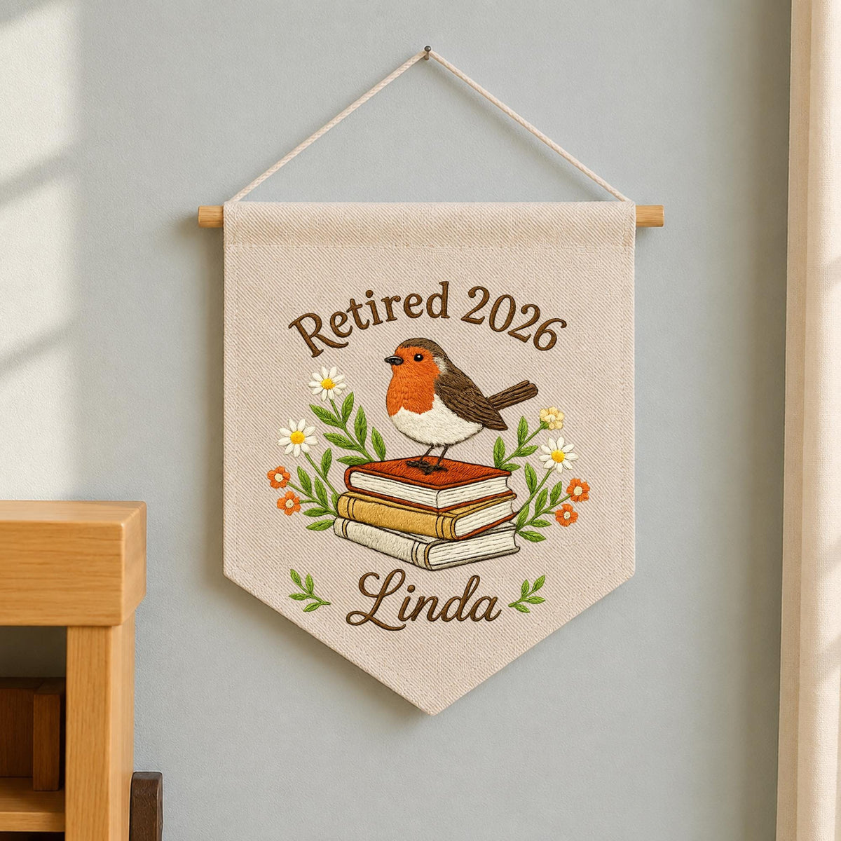 Personalized Embroidered Retirement Wall Hanging Banner, Custom Retired 2026 Gift, Robin Bird Book Decor, Retirement Gift for Women