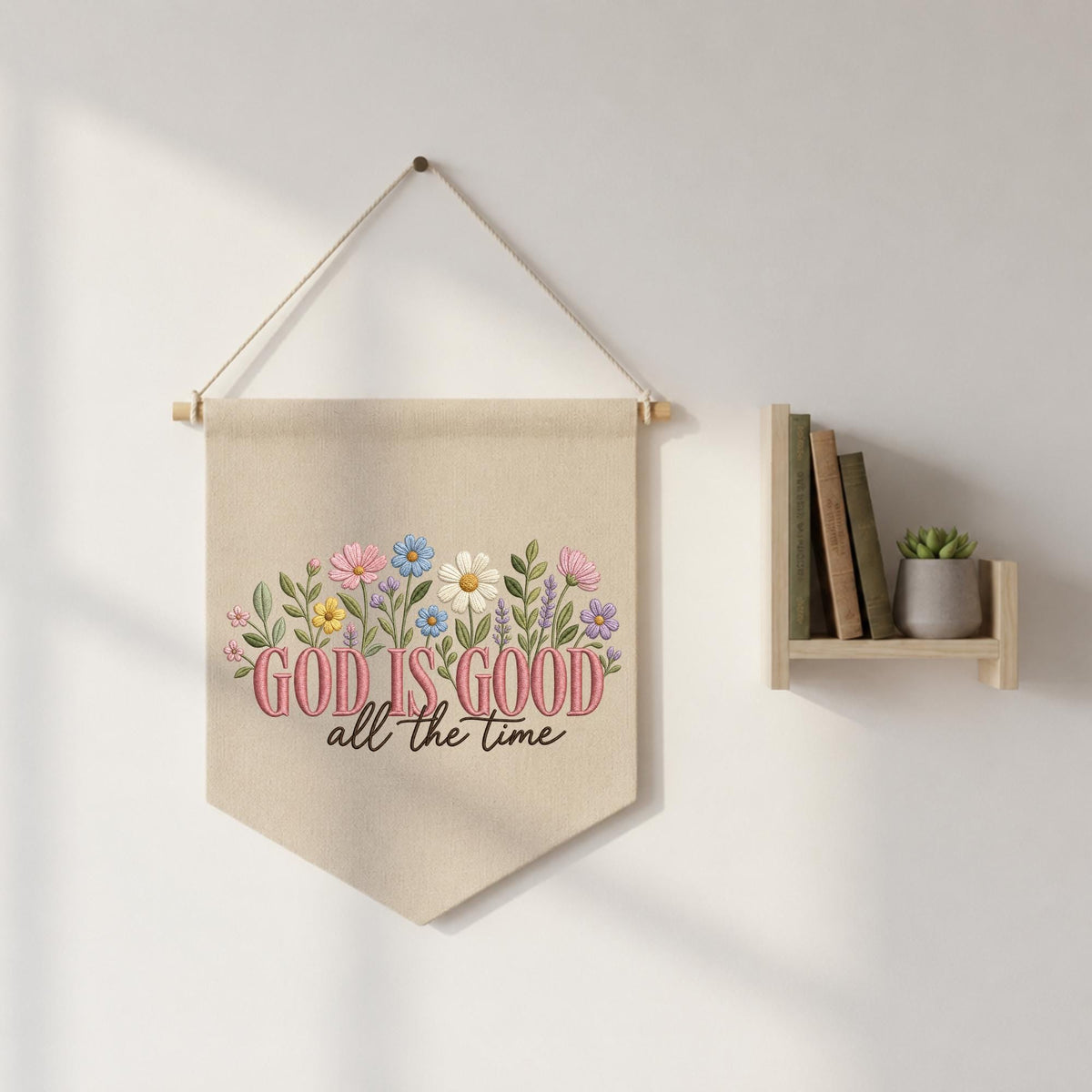 Embroidered Christian Wall Hanging Banner, God Is Good Floral Decor, Faith Based Wall Art, Bible Inspired Gift, Christian Home Decor