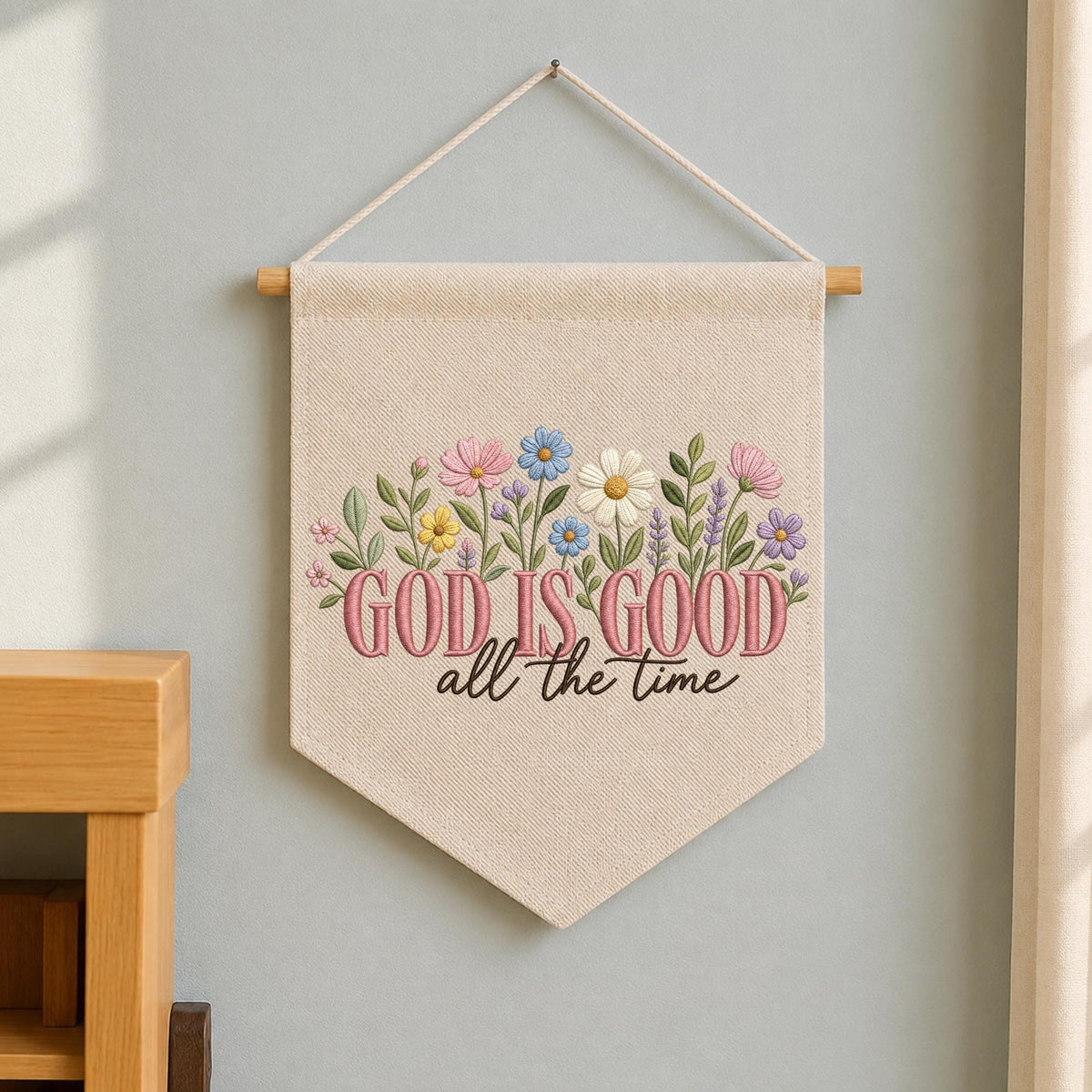 Embroidered Christian Wall Hanging Banner, God Is Good Floral Decor, Faith Based Wall Art, Bible Inspired Gift, Christian Home Decor