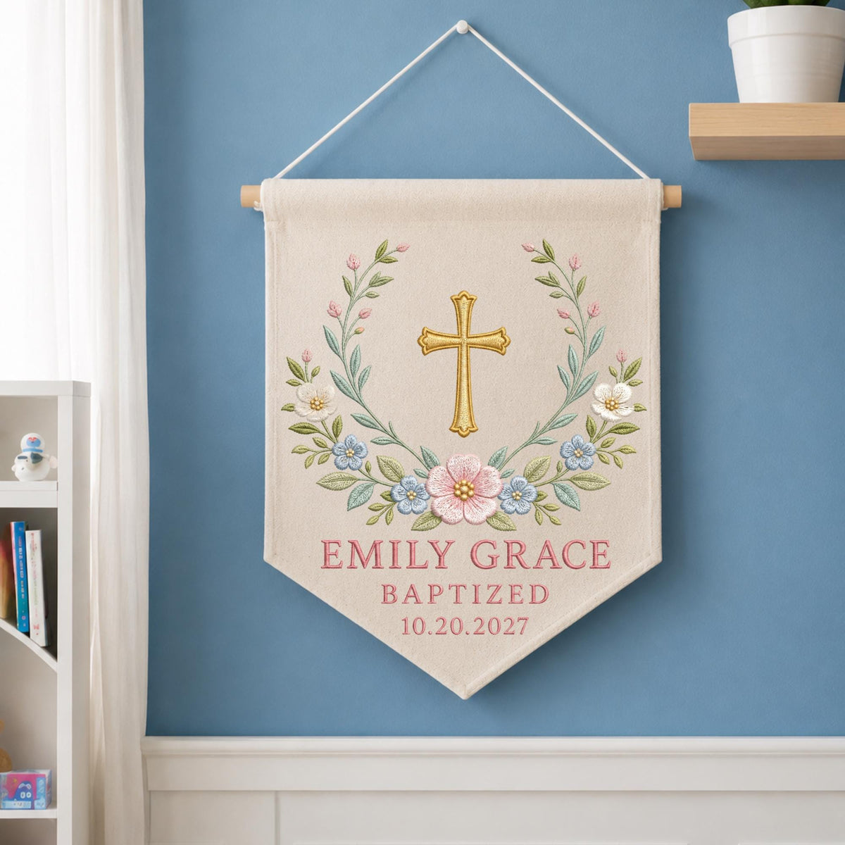 Personalized Embroidered Baptism Wall Hanging Banner, Custom Baby Name Cross Sign, Christening Gift, Christian Nursery Decor