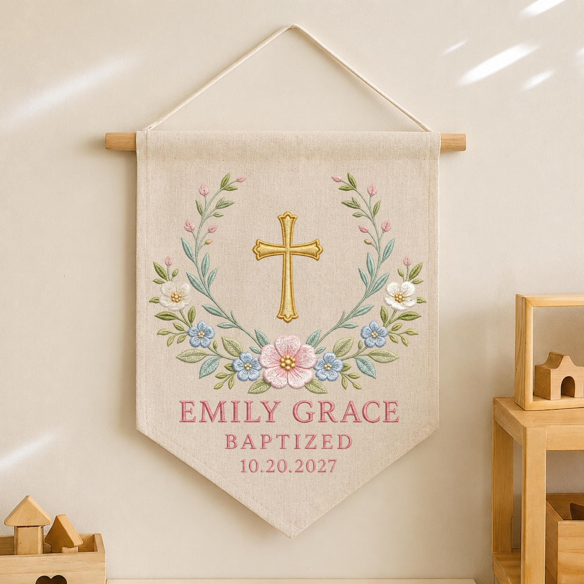 Personalized Embroidered Baptism Wall Hanging Banner, Custom Baby Name Cross Sign, Christening Gift, Christian Nursery Decor