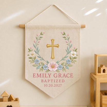 Personalized Embroidered Baptism Wall Hanging Banner, Custom Baby Name Cross Sign, Christening Gift, Christian Nursery Decor
