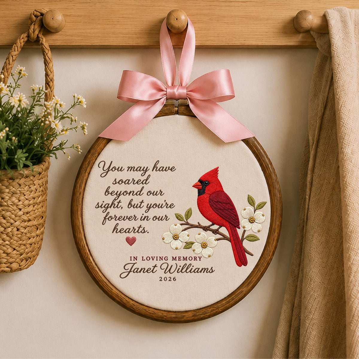 Personalized Embroidered Ornament, Cardinal Memorial Ornament, In Loving Memory Gift, Custom Name Remembrance Keepsake, Sympathy Gift