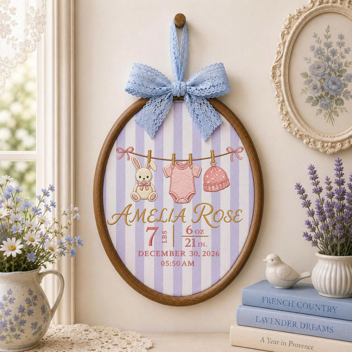 Personalized Embroidered Ornament, Baby Birth Stats Ornament, Custom Name Newborn Keepsake, Baby Girl Nursery Gift, Bunny Birth Announcement