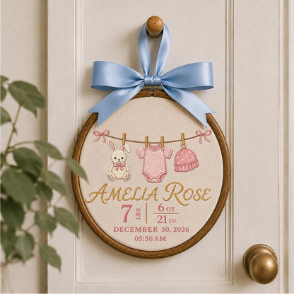 Personalized Embroidered Ornament, Baby Birth Stats Ornament, Custom Name Newborn Keepsake, Baby Girl Nursery Gift, Bunny Birth Announcement