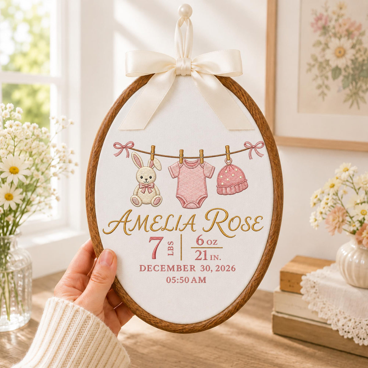 Personalized Embroidered Ornament, Baby Birth Stats Ornament, Custom Name Newborn Keepsake, Baby Girl Nursery Gift, Bunny Birth Announcement