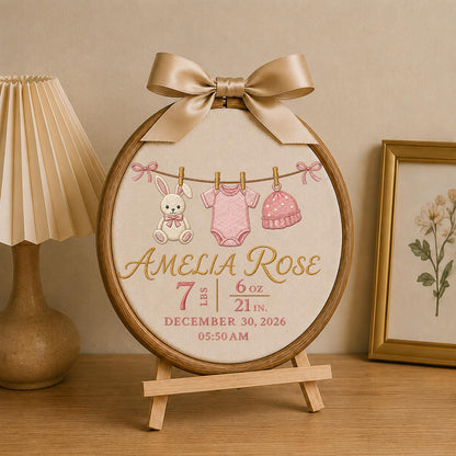 Personalized Embroidered Ornament, Baby Birth Stats Ornament, Custom Name Newborn Keepsake, Baby Girl Nursery Gift, Bunny Birth Announcement