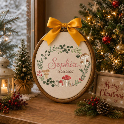 Personalized Embroidered Ornament, Mushroom Christmas , Custom Name Woodland Keepsake, Forest Nursery Christmas Gift, Botanical Decor