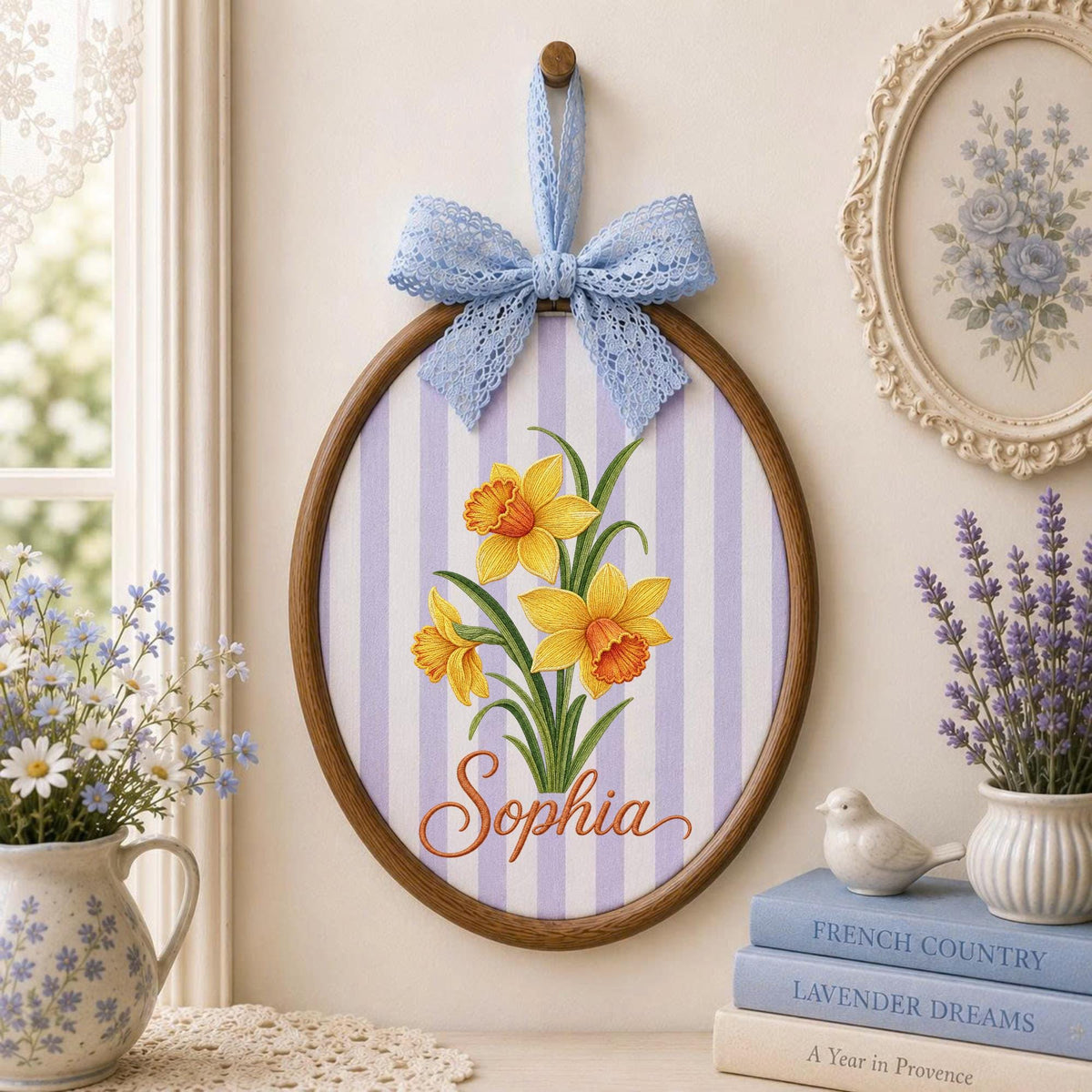 Personalized Embroidered Ornament, Daffodil Flower Ornament, Custom Name Floral Keepsake, Spring Flower Gift, Botanical Nursery Decor