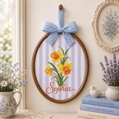 Personalized Embroidered Ornament, Daffodil Flower Ornament, Custom Name Floral Keepsake, Spring Flower Gift, Botanical Nursery Decor
