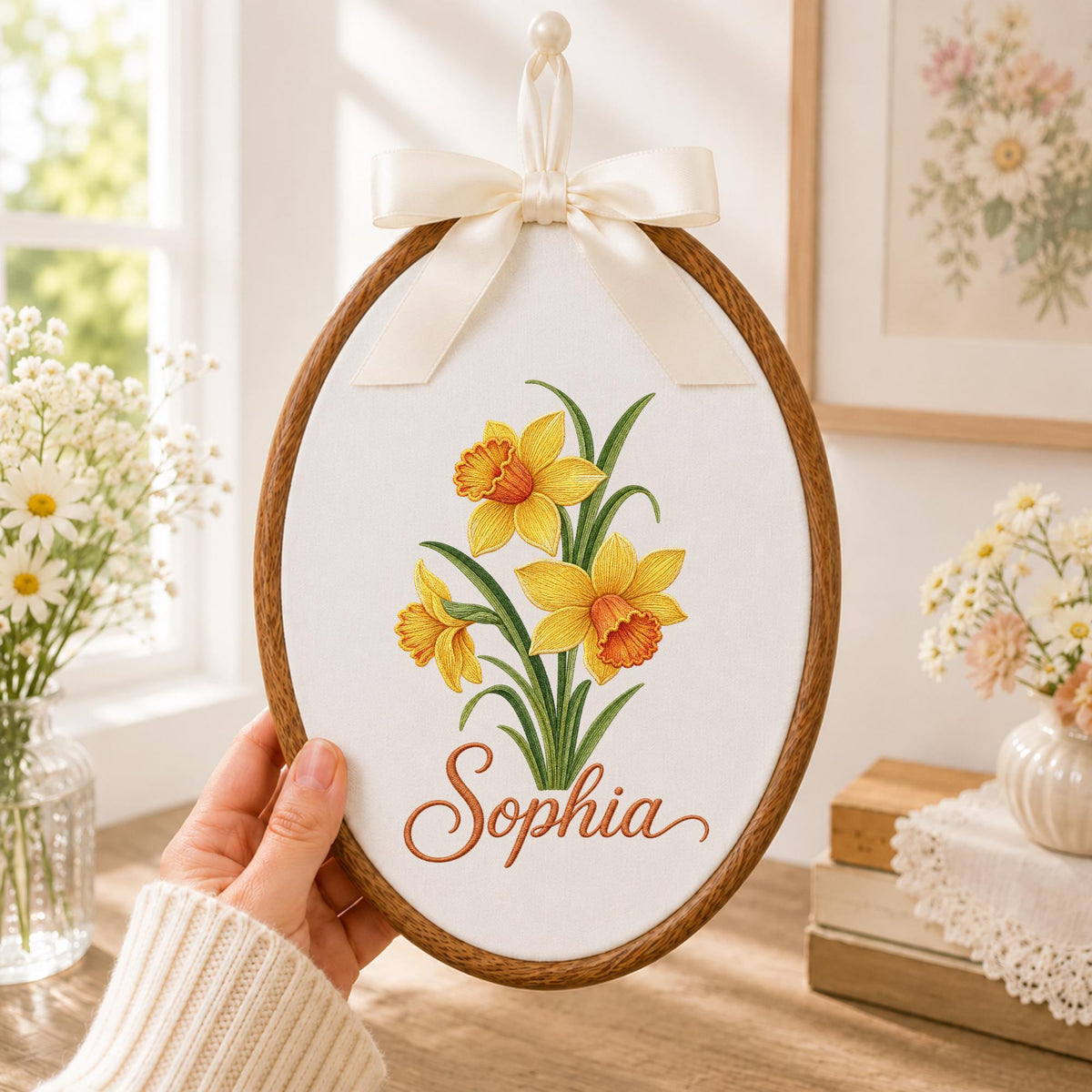 Personalized Embroidered Ornament, Daffodil Flower Ornament, Custom Name Floral Keepsake, Spring Flower Gift, Botanical Nursery Decor