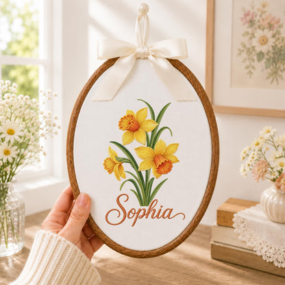 Personalized Embroidered Ornament, Daffodil Flower Ornament, Custom Name Floral Keepsake, Spring Flower Gift, Botanical Nursery Decor