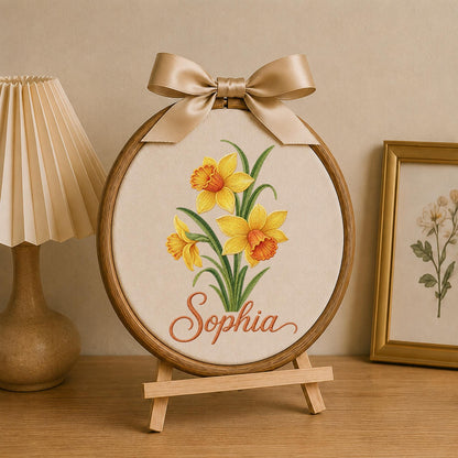 Personalized Embroidered Ornament, Daffodil Flower Ornament, Custom Name Floral Keepsake, Spring Flower Gift, Botanical Nursery Decor