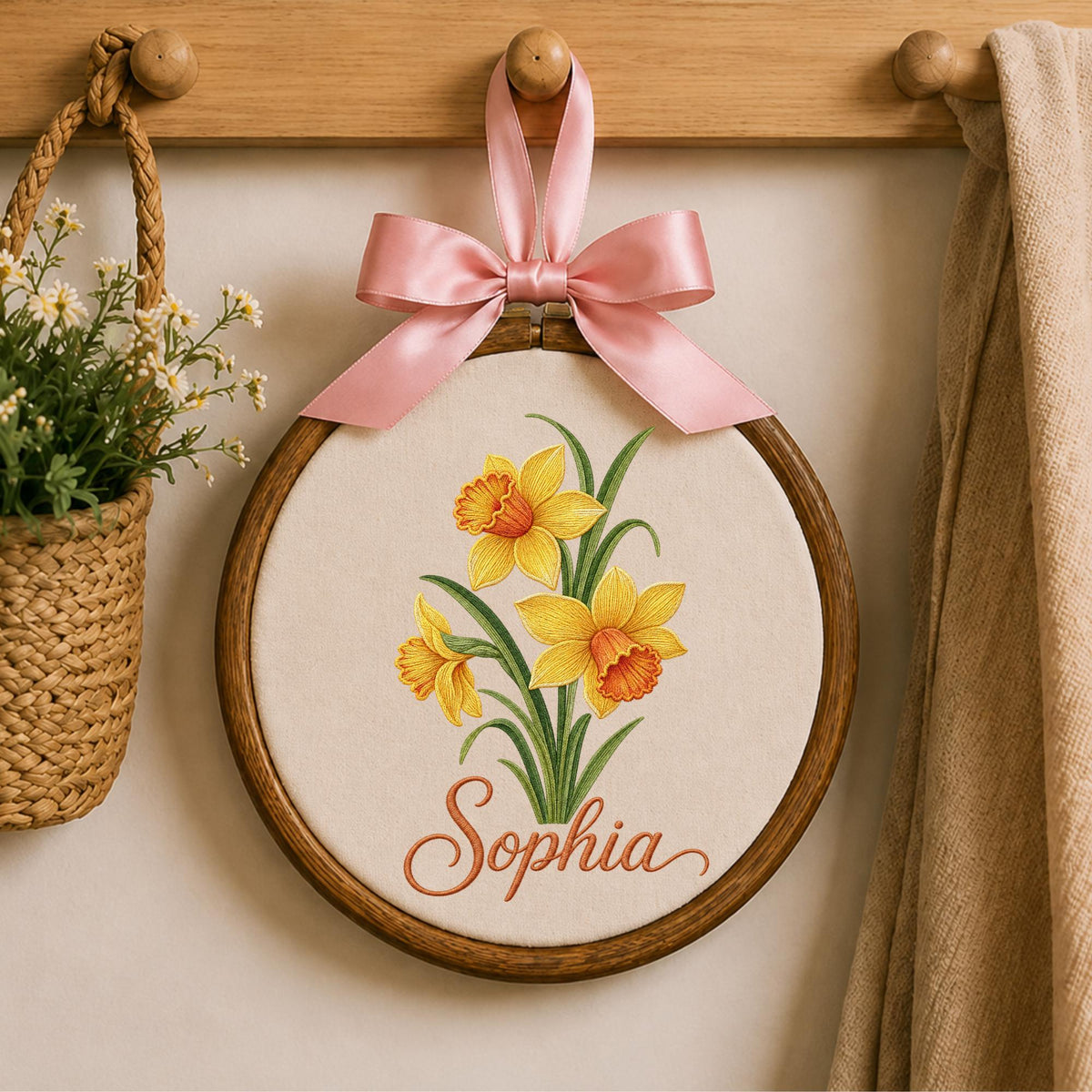 Personalized Embroidered Ornament, Daffodil Flower Ornament, Custom Name Floral Keepsake, Spring Flower Gift, Botanical Nursery Decor