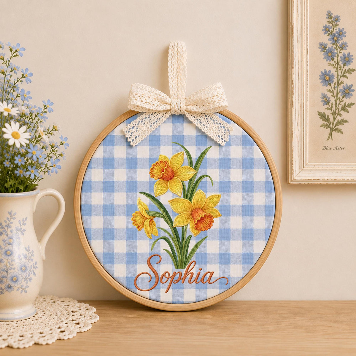 Personalized Embroidered Ornament, Daffodil Flower Ornament, Custom Name Floral Keepsake, Spring Flower Gift, Botanical Nursery Decor