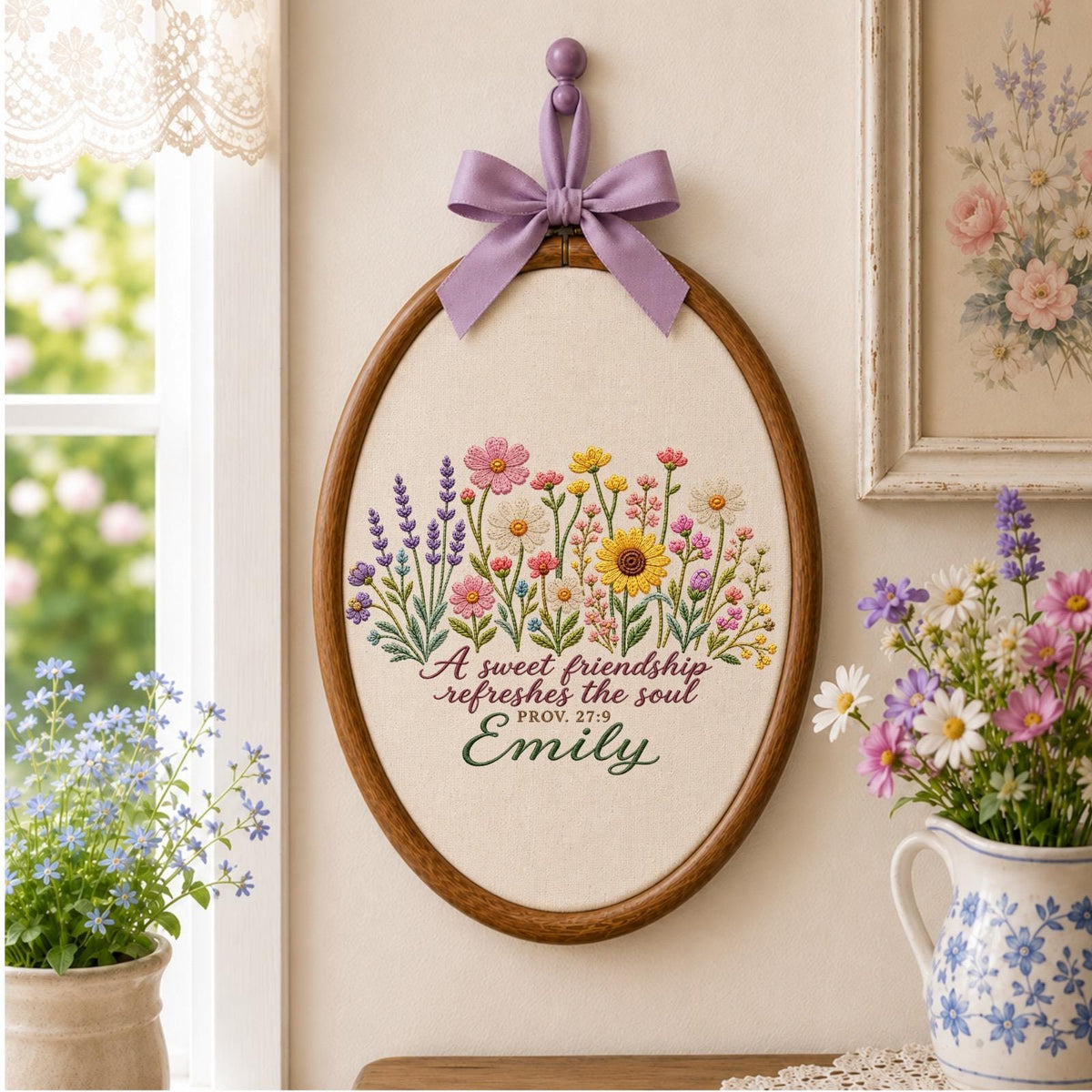 Personalized Embroidered Ornament, Friendship Bible Verse Gift, Proverbs 27:9 Floral Ornament, Custom Name Best Friend Keepsake