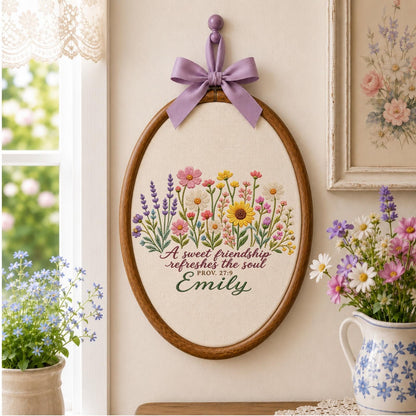 Personalized Embroidered Ornament, Friendship Bible Verse Gift, Proverbs 27:9 Floral Ornament, Custom Name Best Friend Keepsake