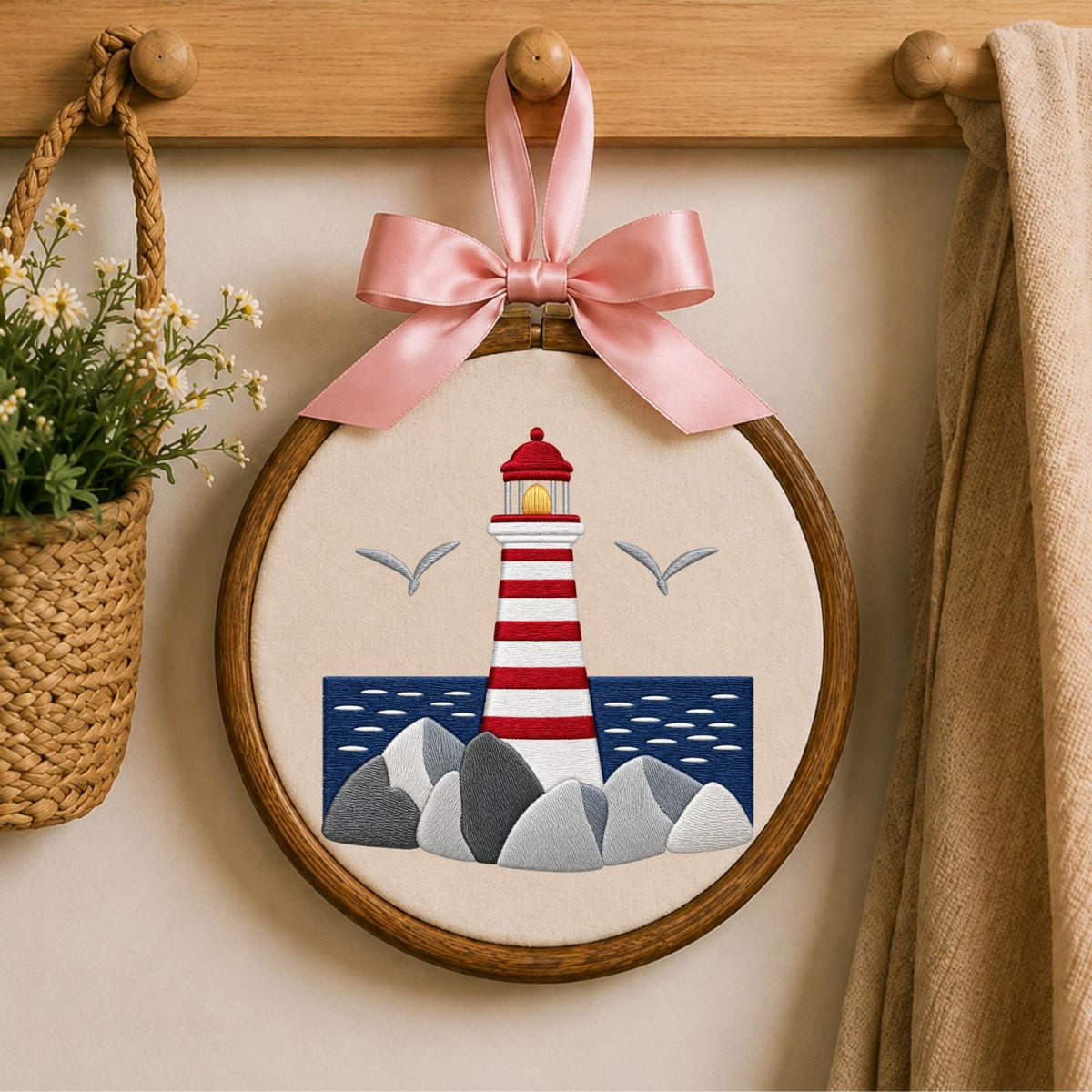 Personalized Embroidered Ornament, Lighthouse Coastal Ornament, Nautical Beach Decor, Ocean Lover Gift, Seaside Home Keepsake