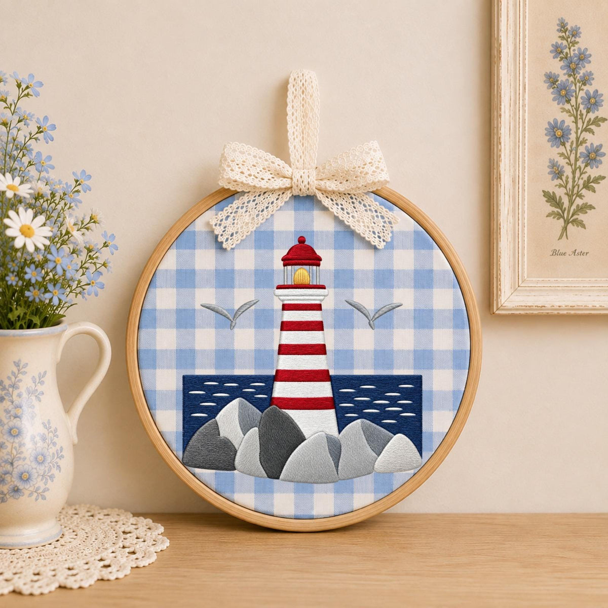 Personalized Embroidered Ornament, Lighthouse Coastal Ornament, Nautical Beach Decor, Ocean Lover Gift, Seaside Home Keepsake