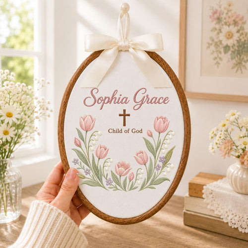 Personalized Embroidered Ornament, Child of God Baptism Ornament, Custom Name Christian Gift, Floral Cross Keepsake, Baby Blessing Decor