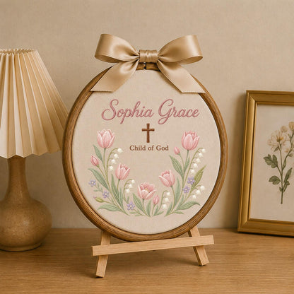 Personalized Embroidered Ornament, Child of God Baptism Ornament, Custom Name Christian Gift, Floral Cross Keepsake, Baby Blessing Decor