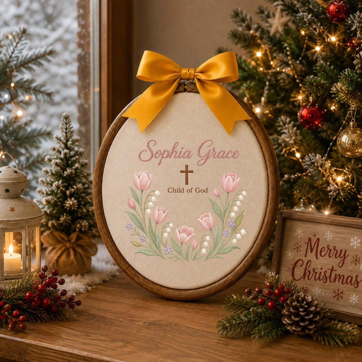 Personalized Embroidered Ornament, Child of God Baptism Ornament, Custom Name Christian Gift, Floral Cross Keepsake, Baby Blessing Decor