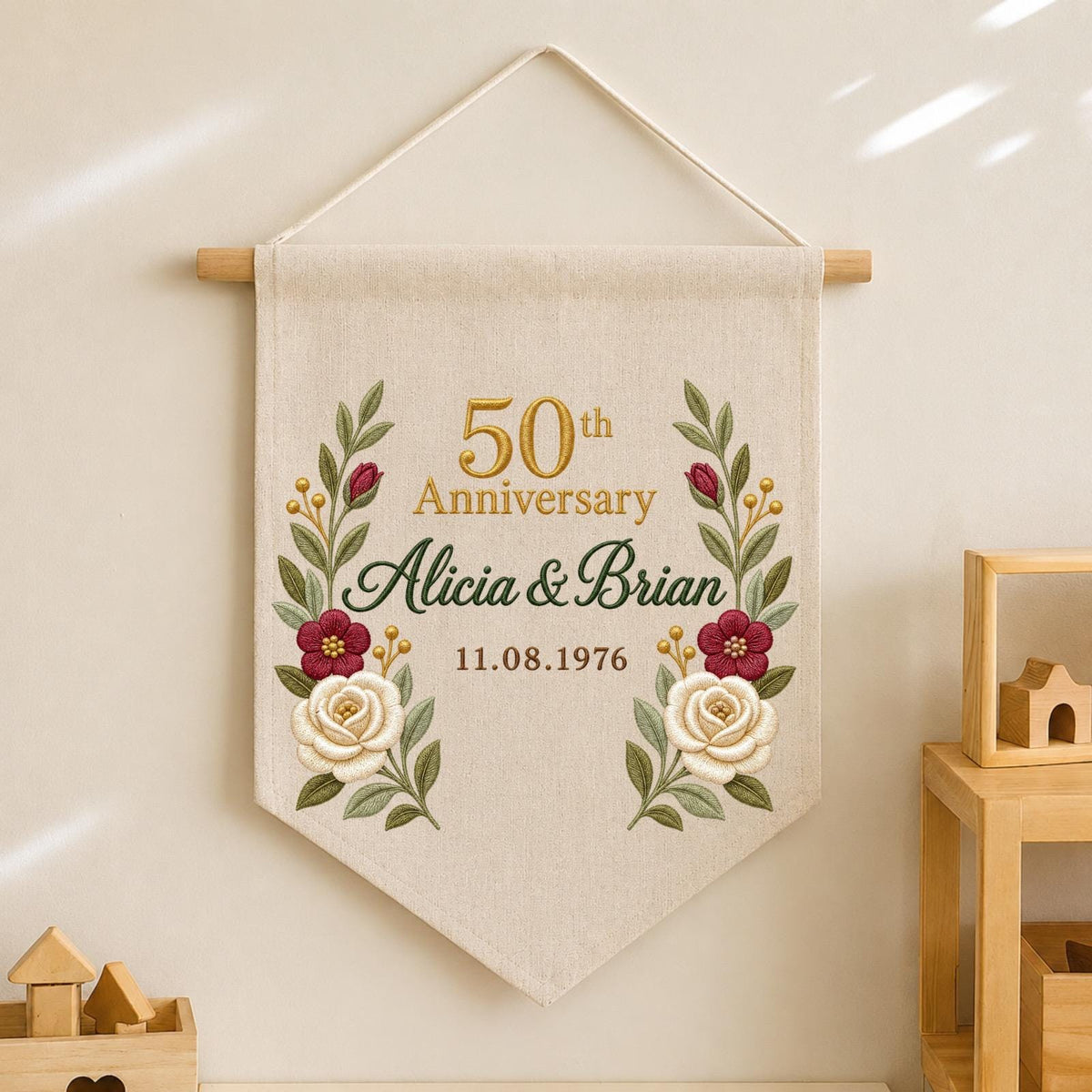 Personalized Embroidered 50th Wedding Anniversary Wall Hanging Banner, Golden Anniversary Gift, Custom Couple Names, Floral Keepsake Decor