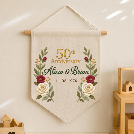 Personalized Embroidered 50th Wedding Anniversary Wall Hanging Banner, Golden Anniversary Gift, Custom Couple Names, Floral Keepsake Decor