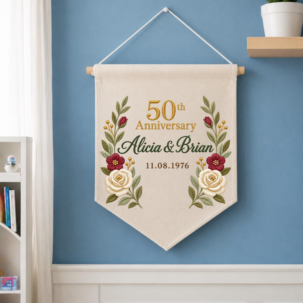 Personalized Embroidered 50th Wedding Anniversary Wall Hanging Banner, Golden Anniversary Gift, Custom Couple Names, Floral Keepsake Decor