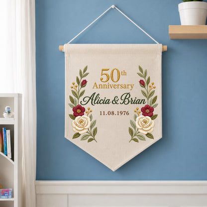 Personalized Embroidered 50th Wedding Anniversary Wall Hanging Banner, Golden Anniversary Gift, Custom Couple Names, Floral Keepsake Decor