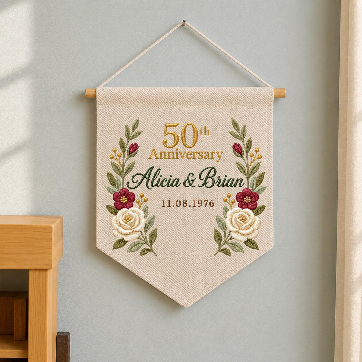 Personalized Embroidered 50th Wedding Anniversary Wall Hanging Banner, Golden Anniversary Gift, Custom Couple Names, Floral Keepsake Decor