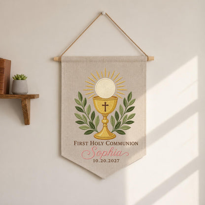 Personalized First Holy Communion Embroidered Wall Hanging Banner, Custom Name Catholic Gift, Eucharist Keepsake, Christian Religious Decor
