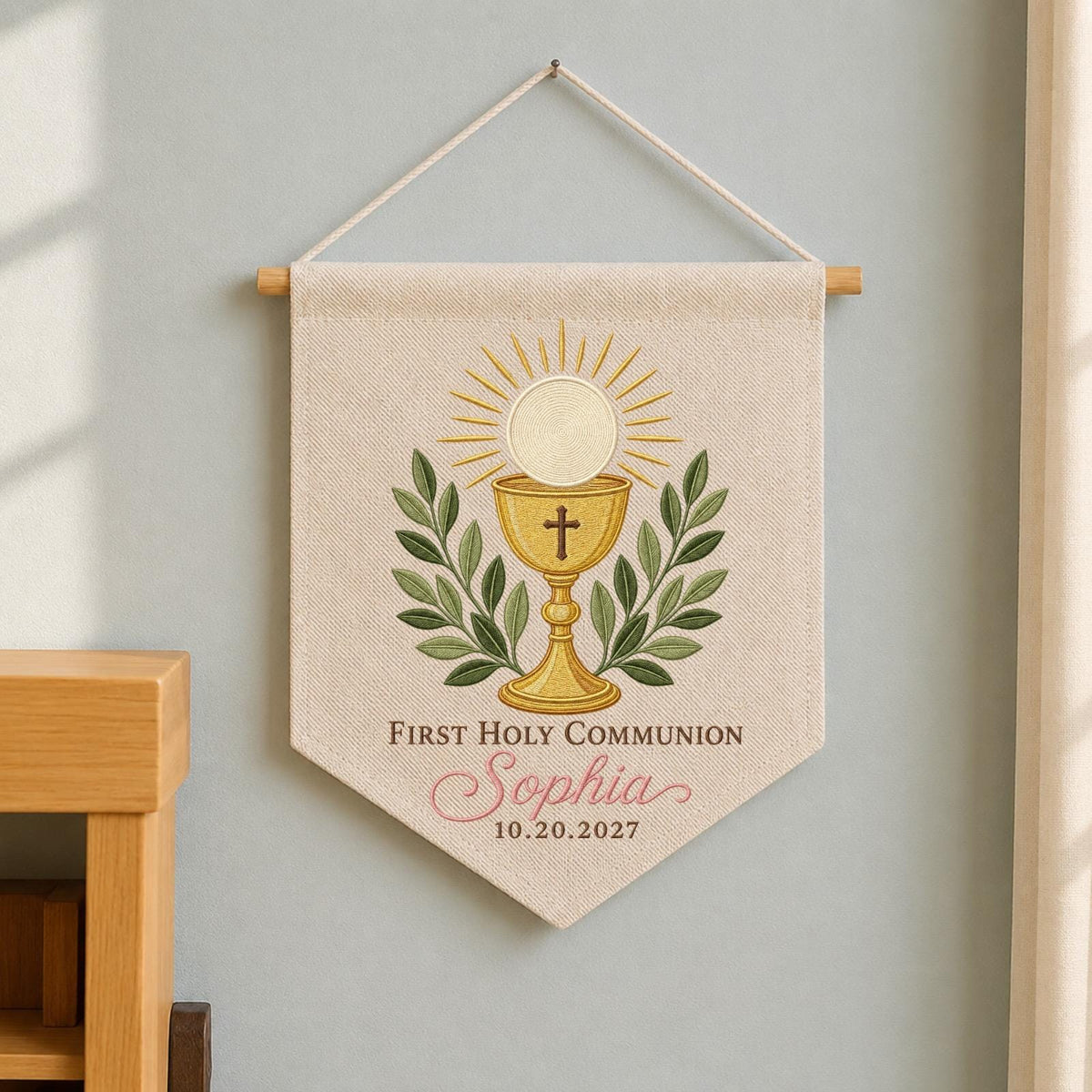 Personalized First Holy Communion Embroidered Wall Hanging Banner, Custom Name Catholic Gift, Eucharist Keepsake, Christian Religious Decor